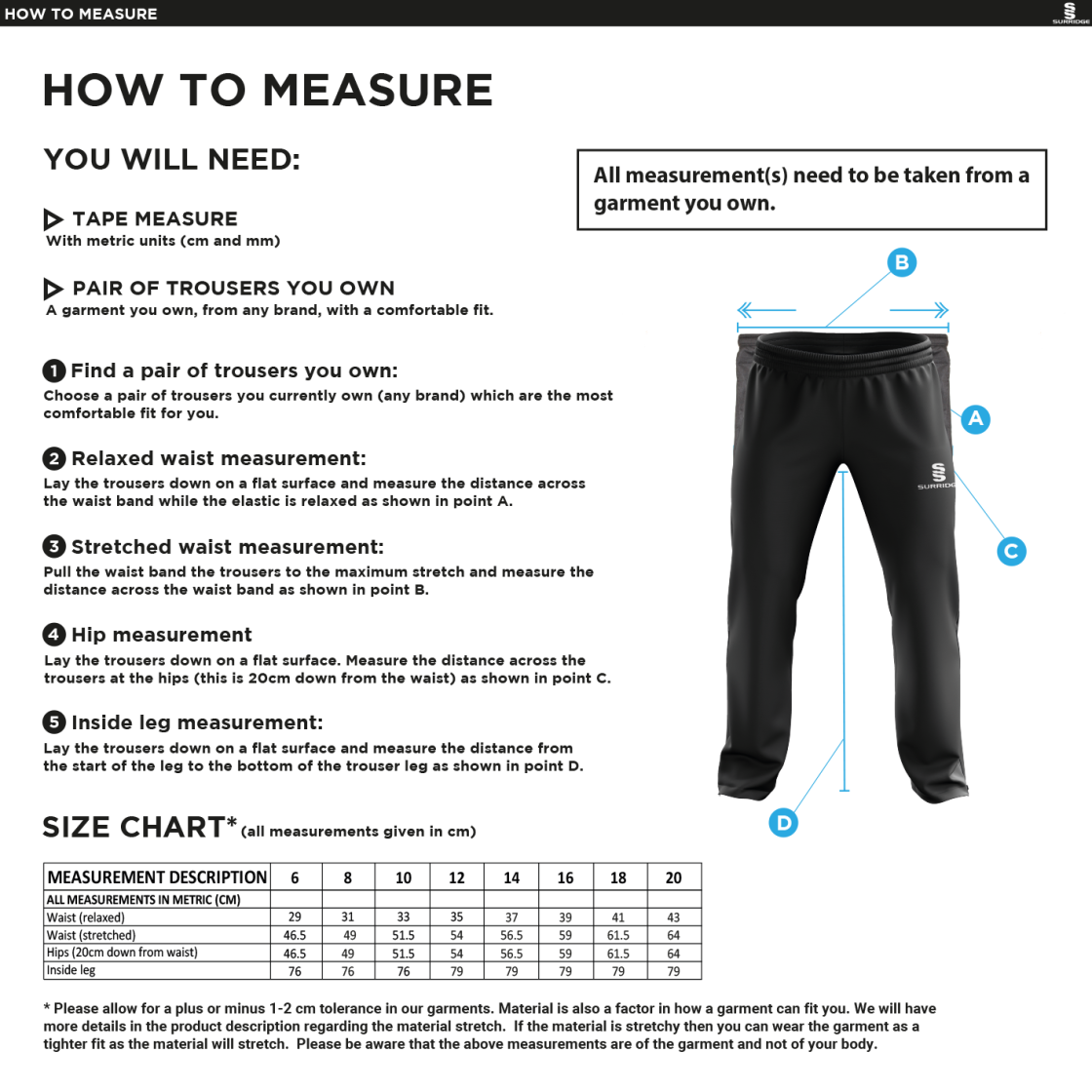 Edwinstowe CC - Women's Ripstop Track Pant - Size Guide
