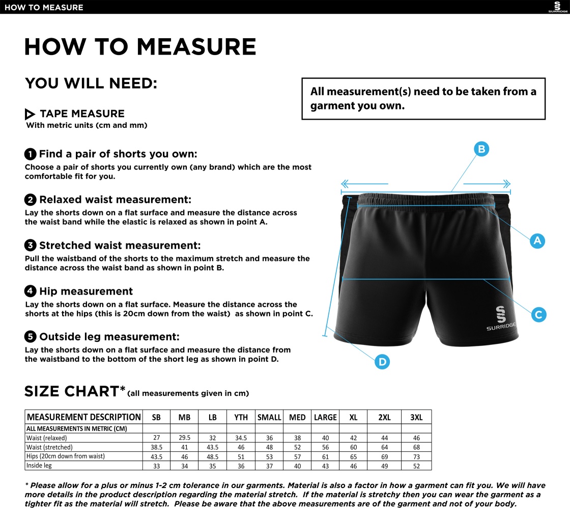 Edwinstowe CC - Dual Gym Shorts - Size Guide