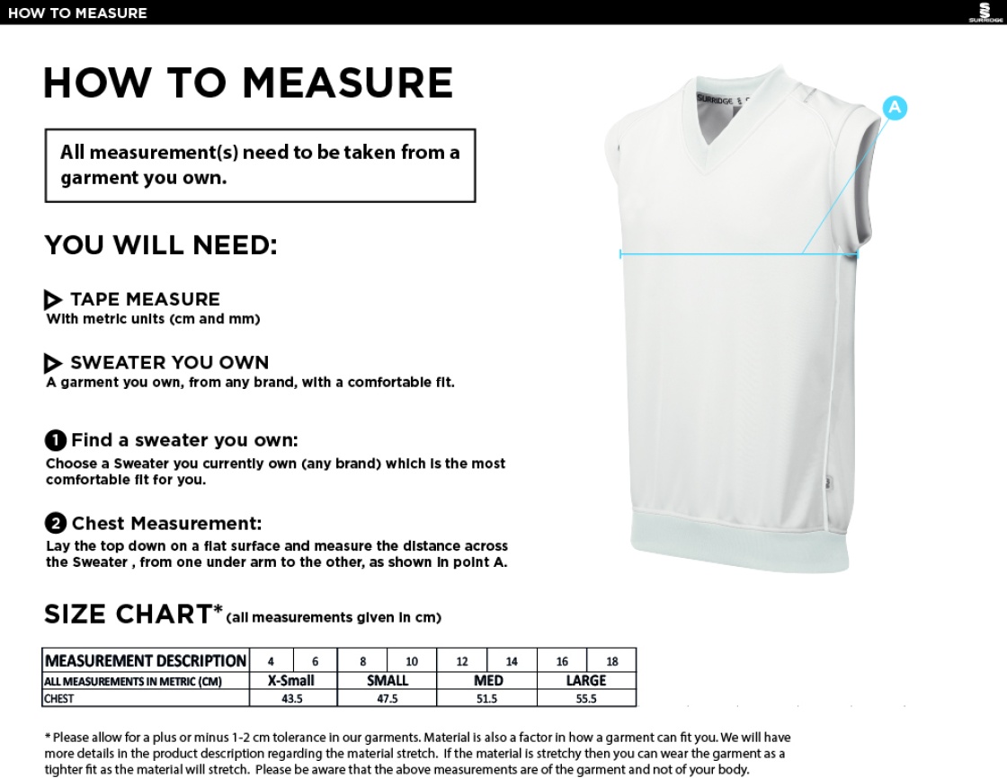 Edwinstowe CC Blast Sleeveless Cricket Sweater - Size Guide