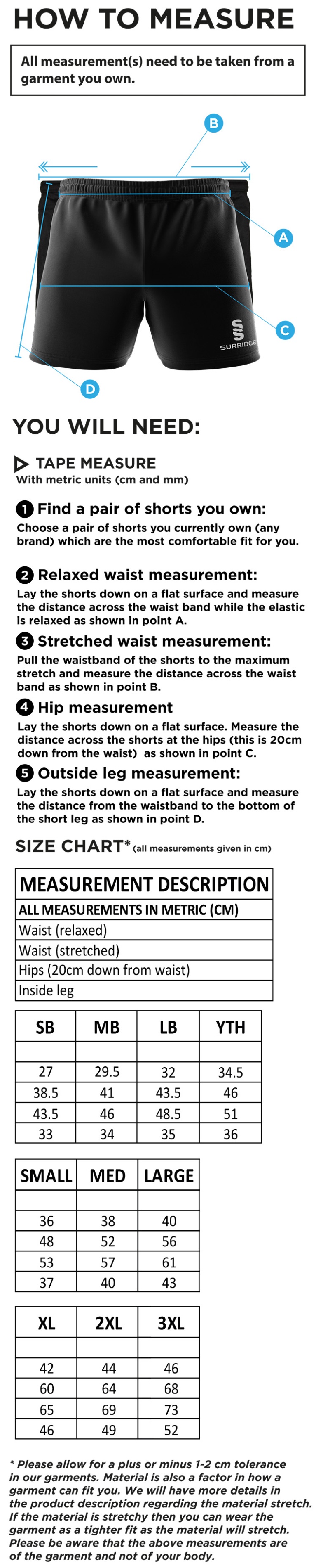Edwinstowe CC - Dual Gym Shorts - Size Guide
