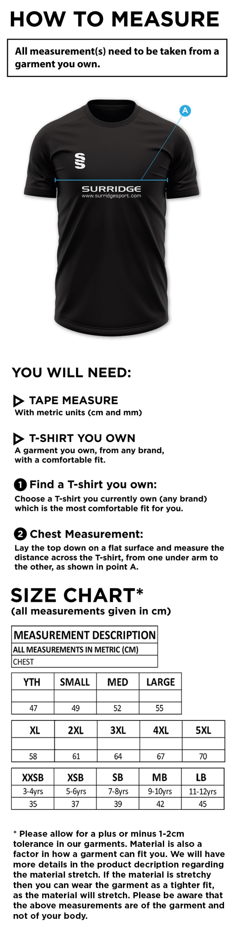 Edwinstowe CC - Blade Training T-shirt - Size Guide
