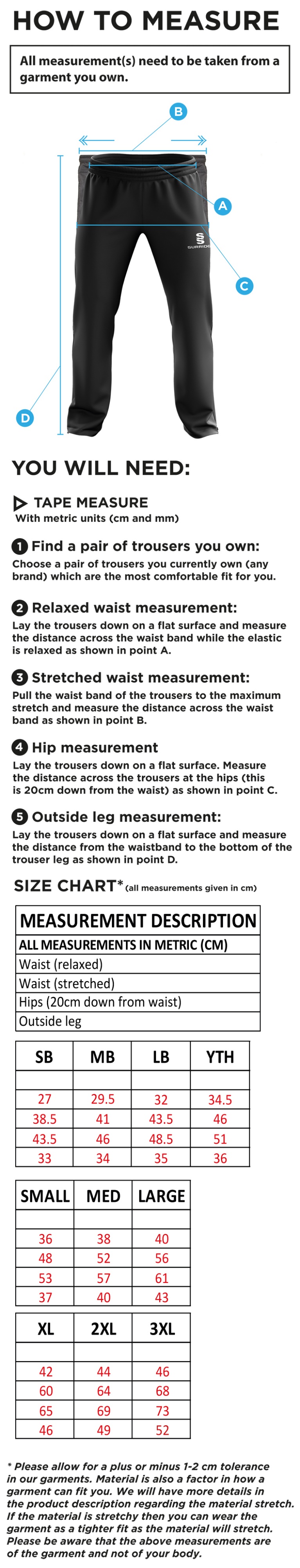 Edwinstowe CC - Ripstop Track Pant - Size Guide
