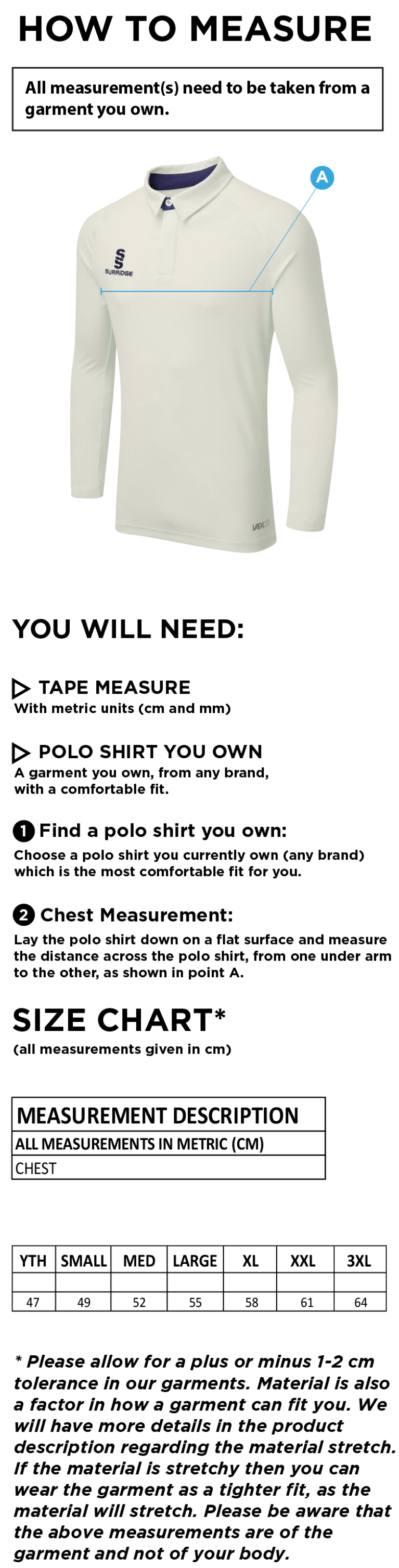 Edwinstowe CC - Ergo Long Sleeve Playing Shirt - Size Guide