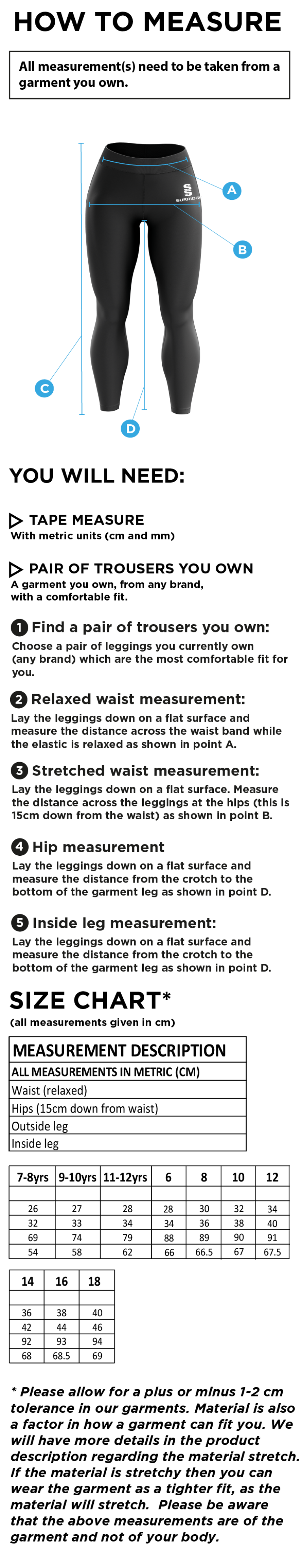Edwinstowe CC - Dual Leggings - Size Guide