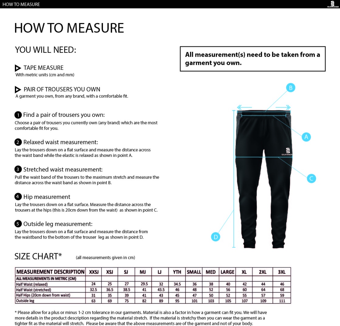 Edwinstowe CC - Dual Skinny Pants - Unisex Fit - Size Guide