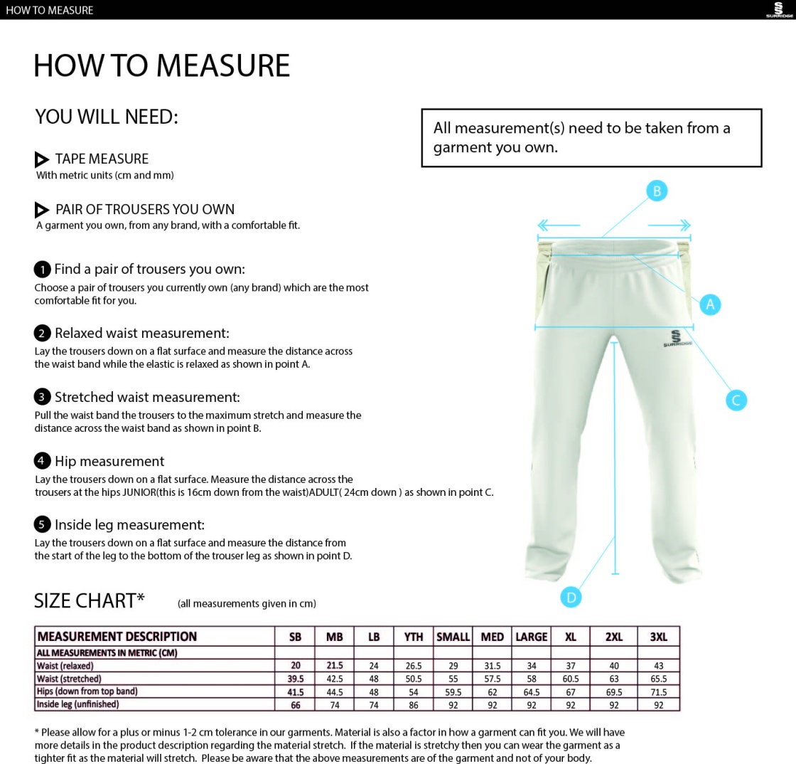 Edwinstowe CC - Standard Fit Cricket Trousers - Size Guide