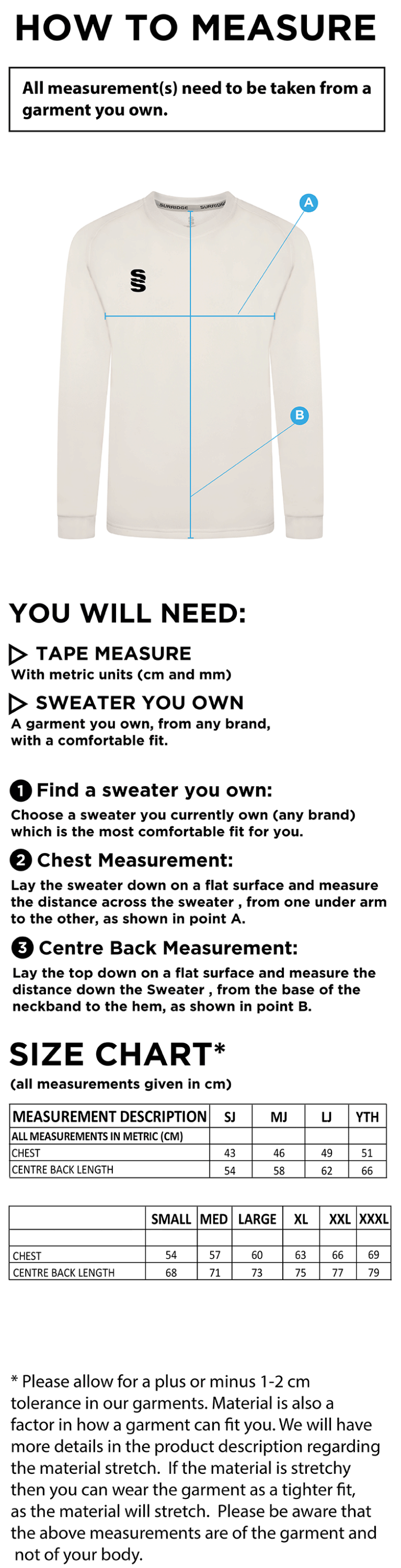 Edwinstowe CC Blast Long Sleeve Cricket Sweater - Size Guide