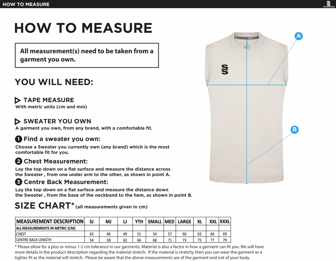 Edwinstowe CC Blast Sleeveless Cricket Sweater - Size Guide