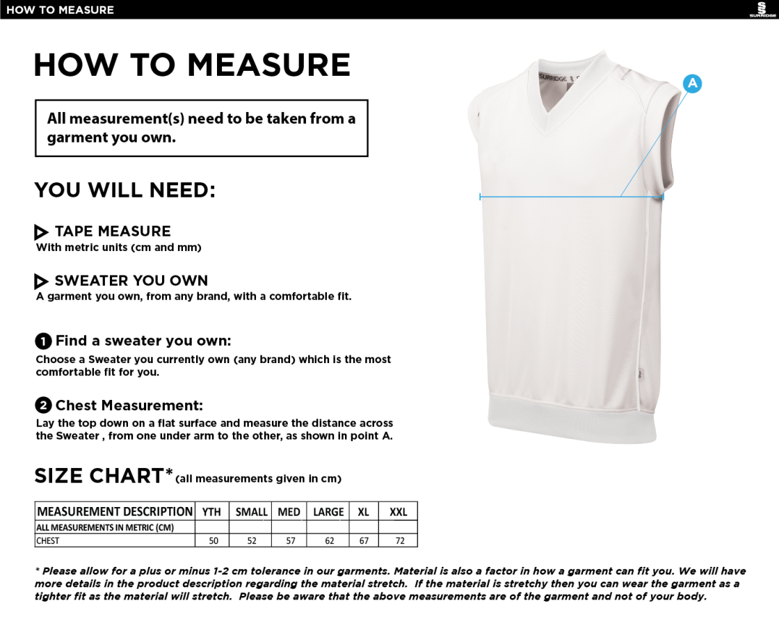 Edwinstowe CC - Curve Sleeveless Sweater - Size Guide