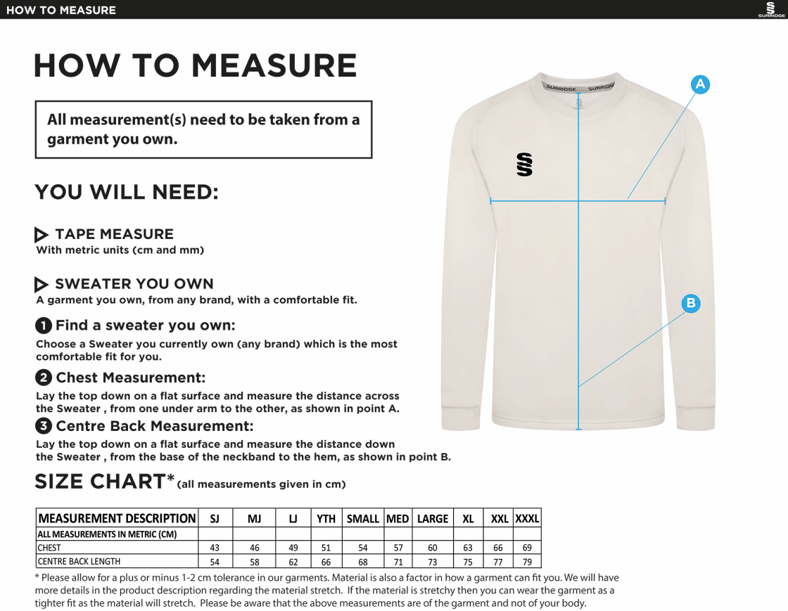 Edwinstowe CC Blast Long Sleeve Cricket Sweater - Size Guide