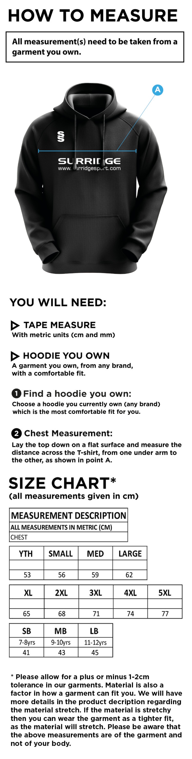 Edwinstowe CC - Blade Hoody - Unisex Fit - Size Guide