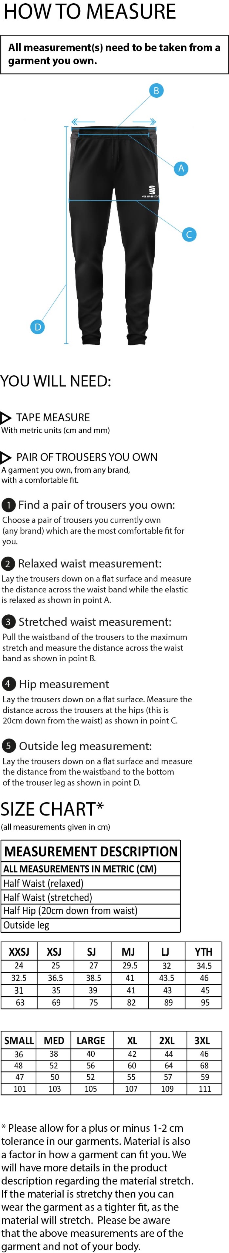 Edwinstowe CC - Dual Skinny Pants - Unisex Fit - Size Guide