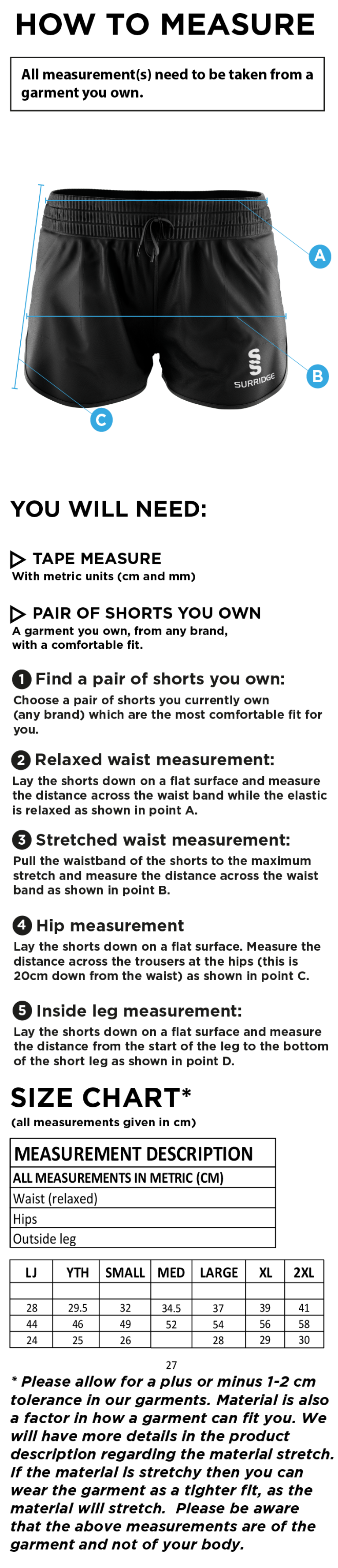 Edwinstowe CC - Dual Active Short - Women's Fit - Size Guide