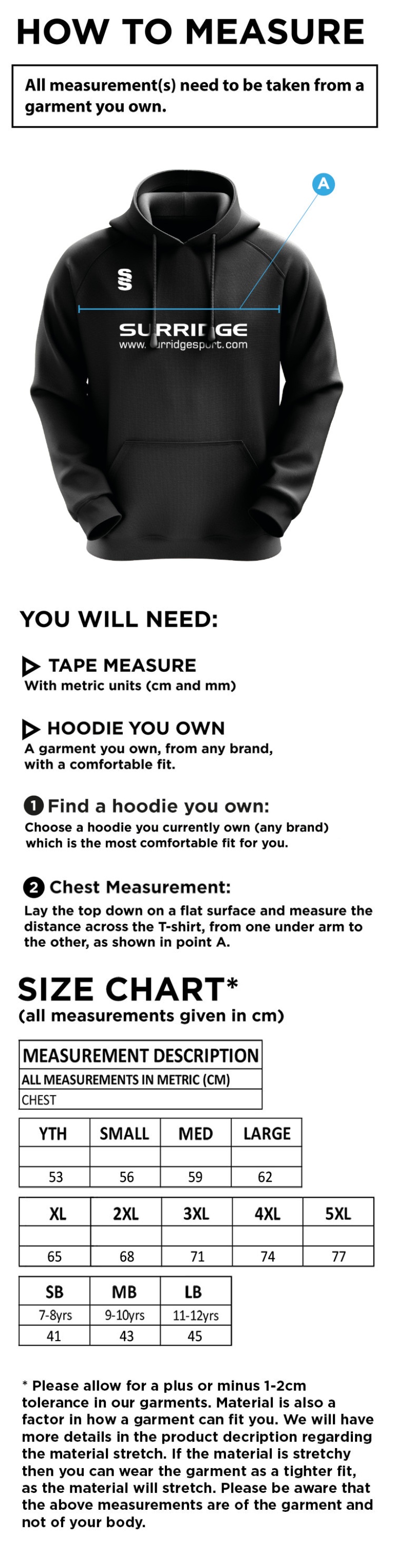 Edwinstowe CC - Blade Hoody - Unisex Fit - Size Guide