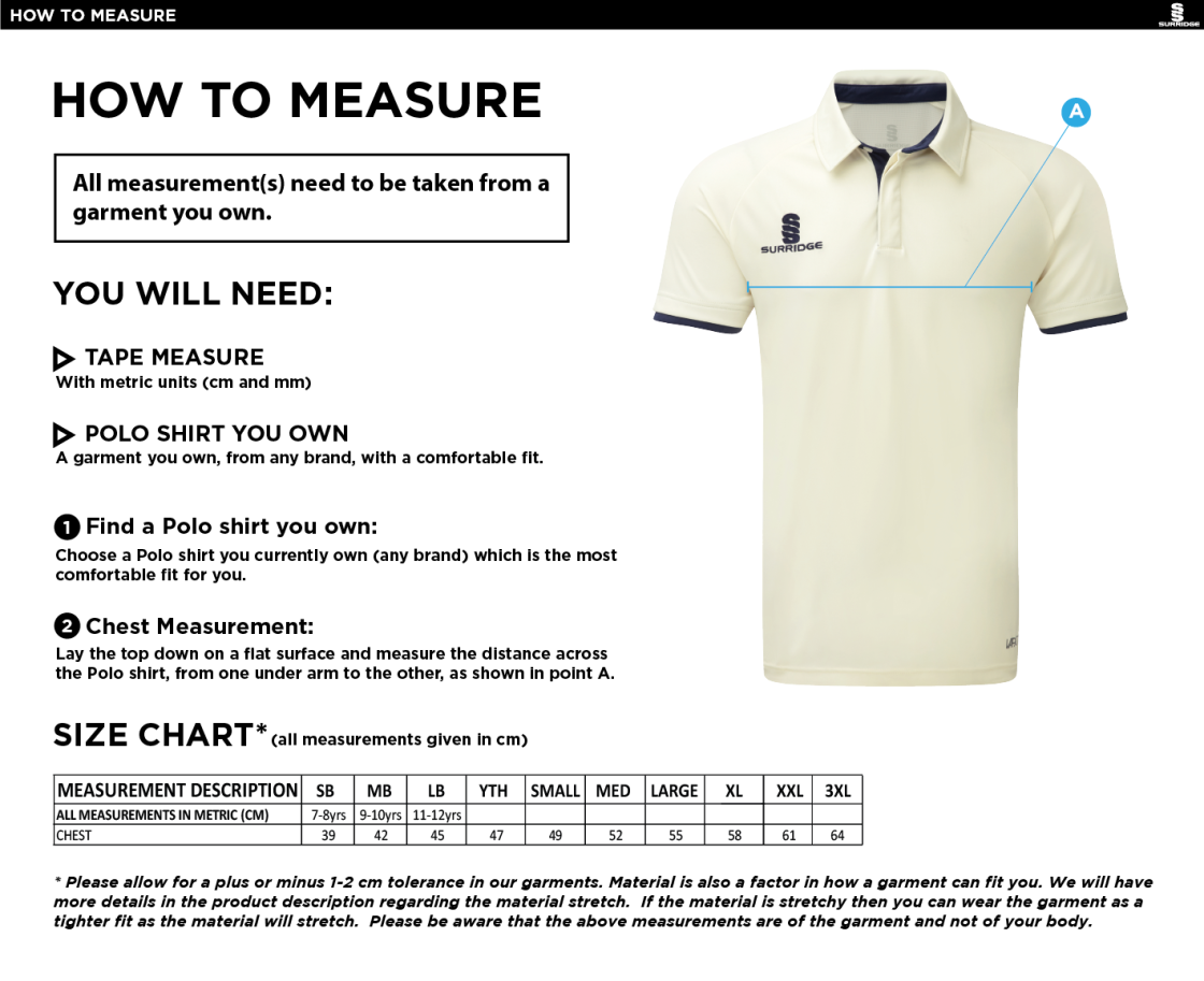 Edwinstowe CC - Ergo Short Sleeve Playing Shirt - Size Guide