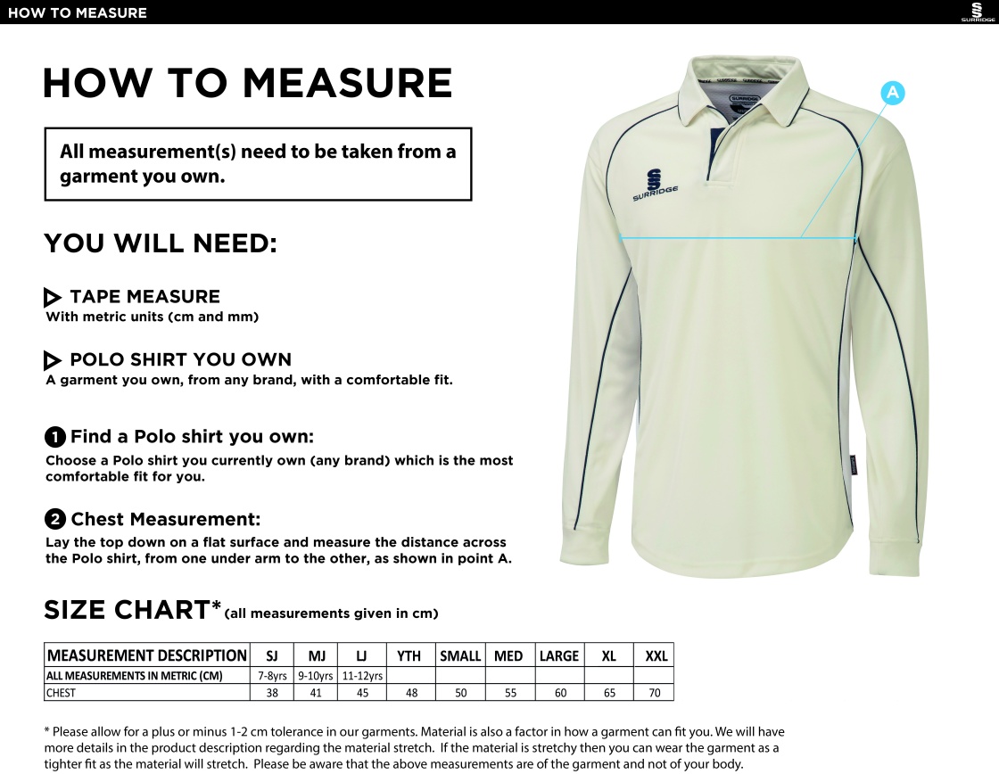 Edwinstowe CC - Premier Long Sleeve Playing Shirt - Size Guide