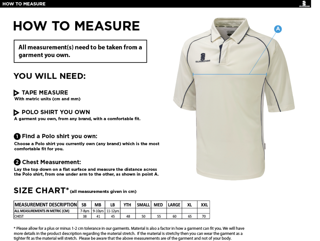 Edwinstowe CC - Premier 3/4 Sleeve Playing Shirt - Size Guide