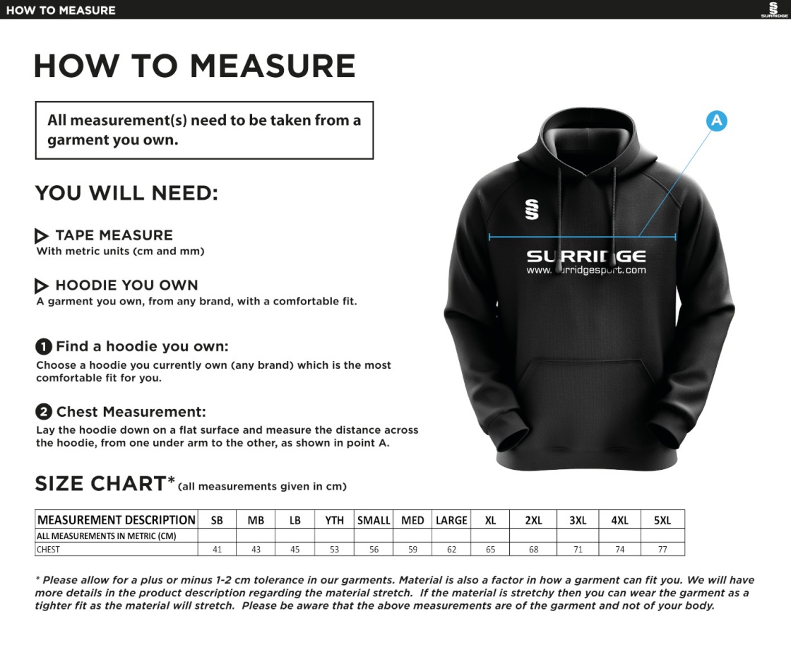 Edwinstowe CC - Blade Hoody - Unisex Fit - Size Guide