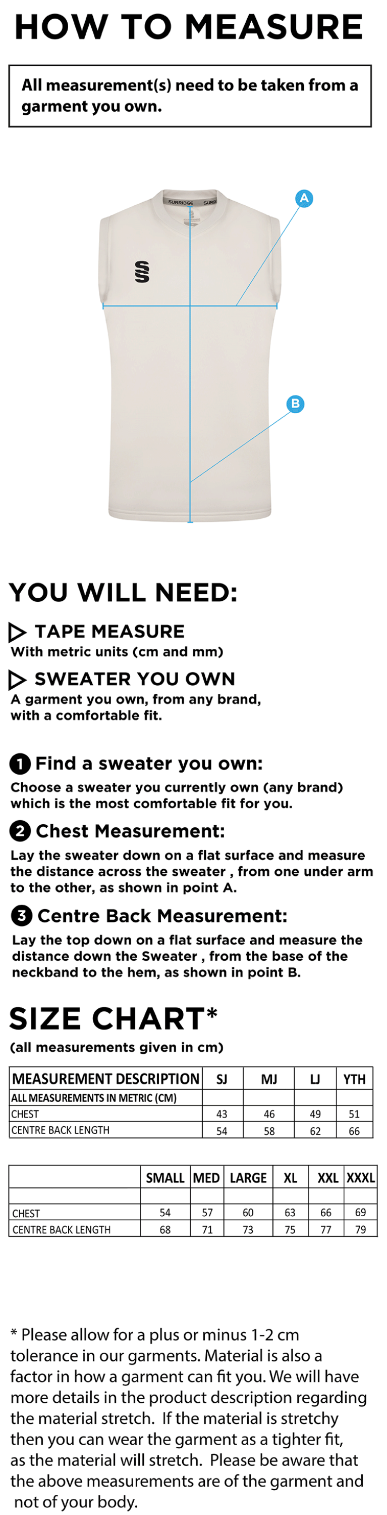 Edwinstowe CC Blast Sleeveless Cricket Sweater - Size Guide
