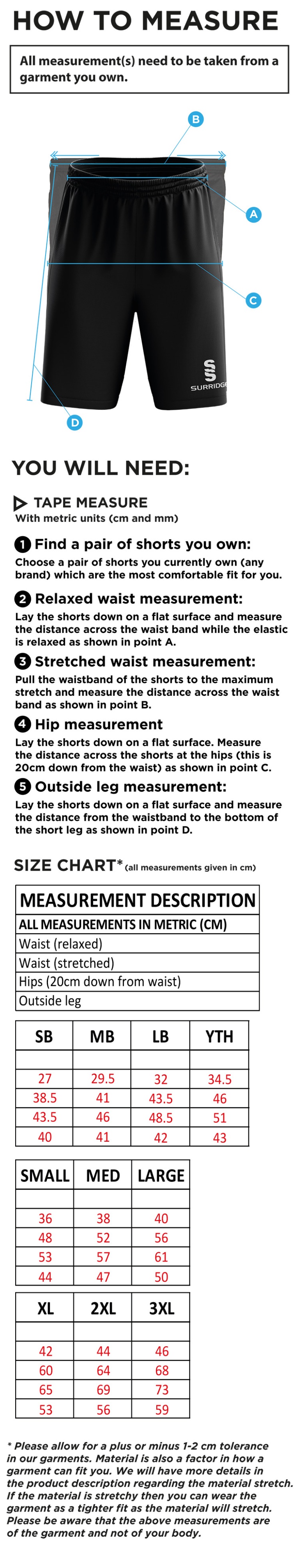 Edwinstowe CC - Ripstop Leisure Shorts - Size Guide