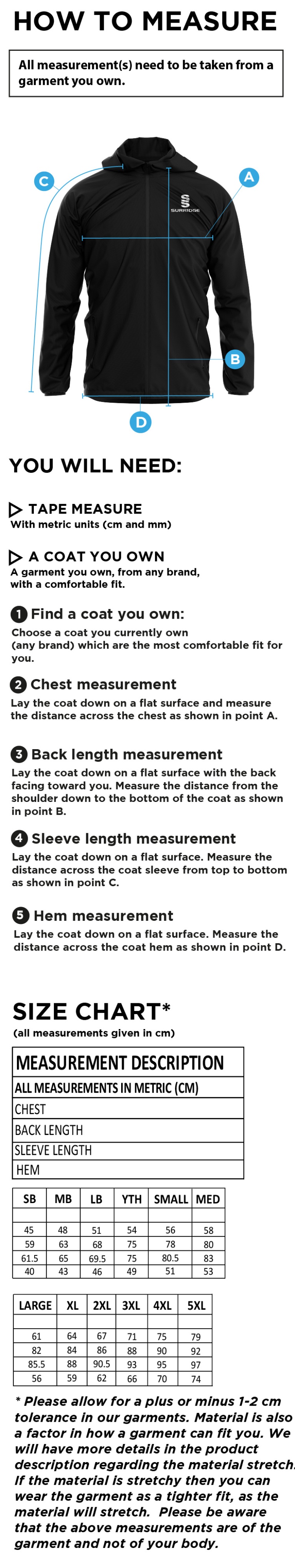 Edwinstowe CC - Lightweight Full Zip Training Jacket - Size Guide