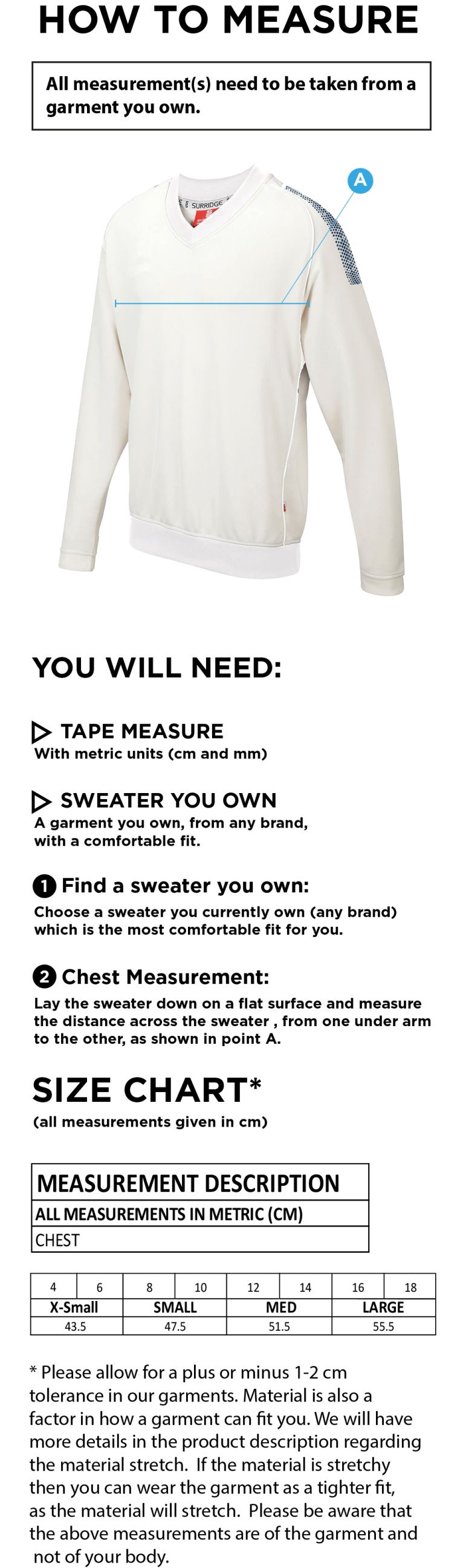 Edwinstowe CC Blast Long Sleeve Cricket Sweater - Size Guide