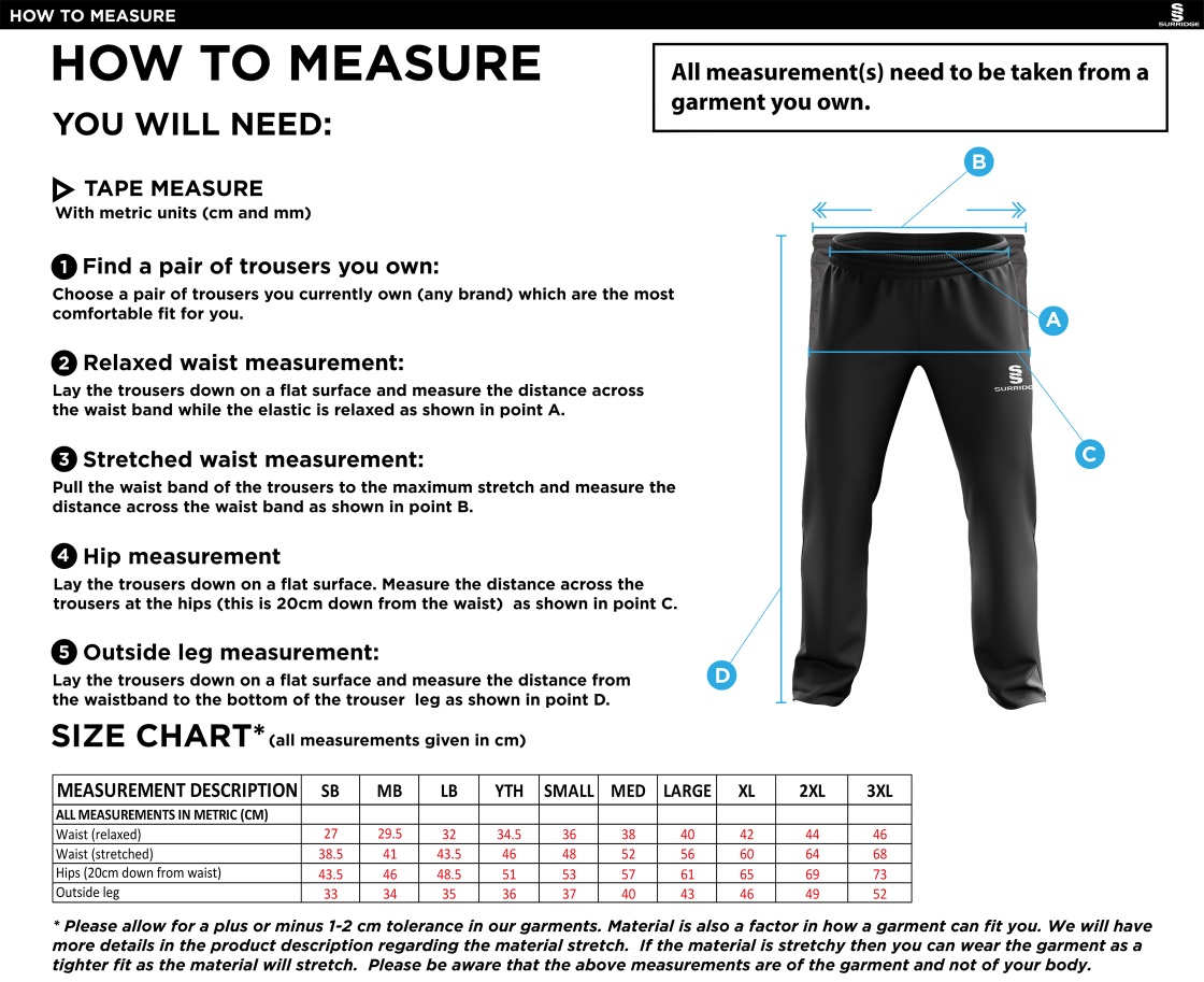 Edwinstowe CC - Ripstop Track Pant - Size Guide