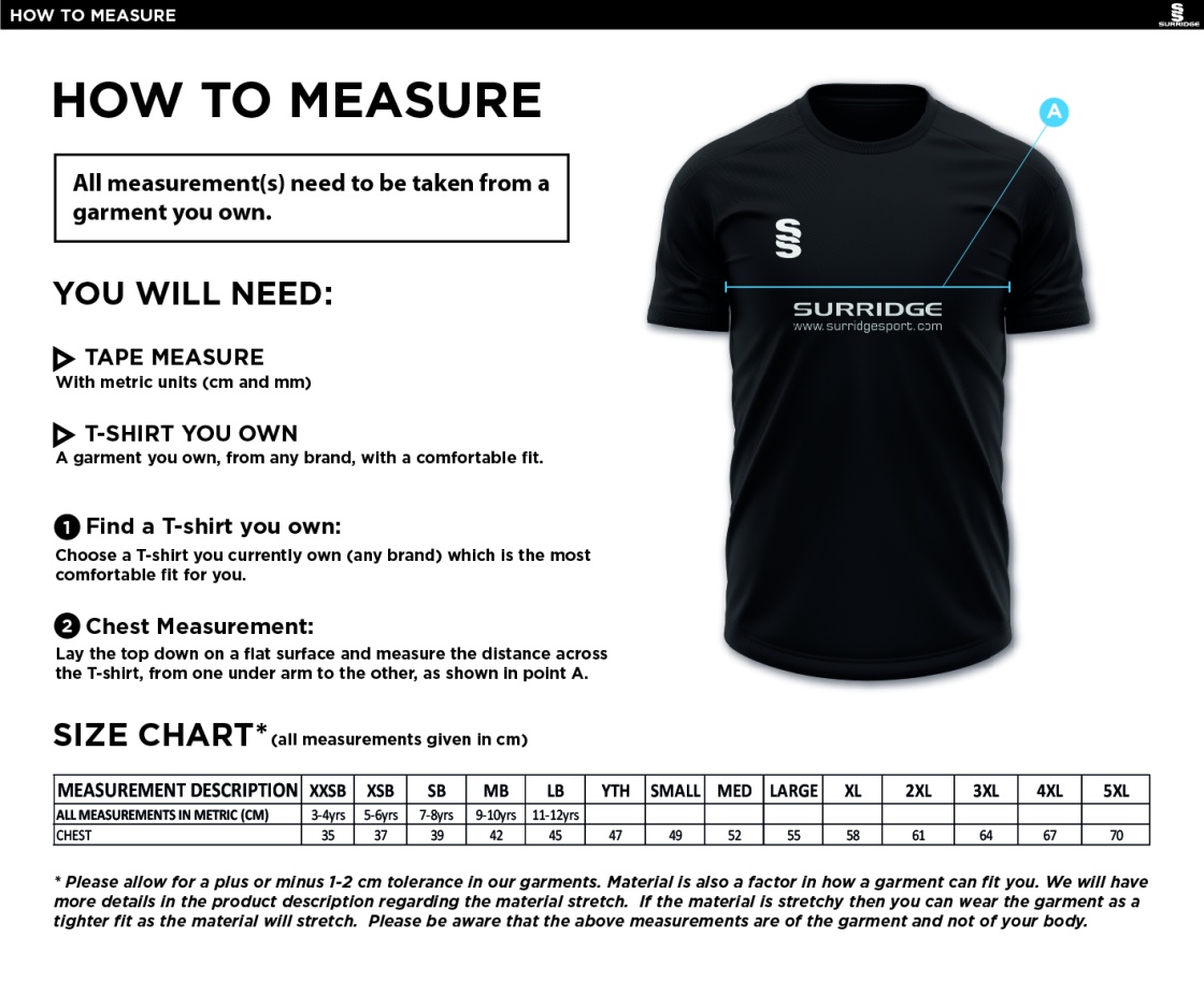 Edwinstowe CC - Blade Training T-shirt - Size Guide