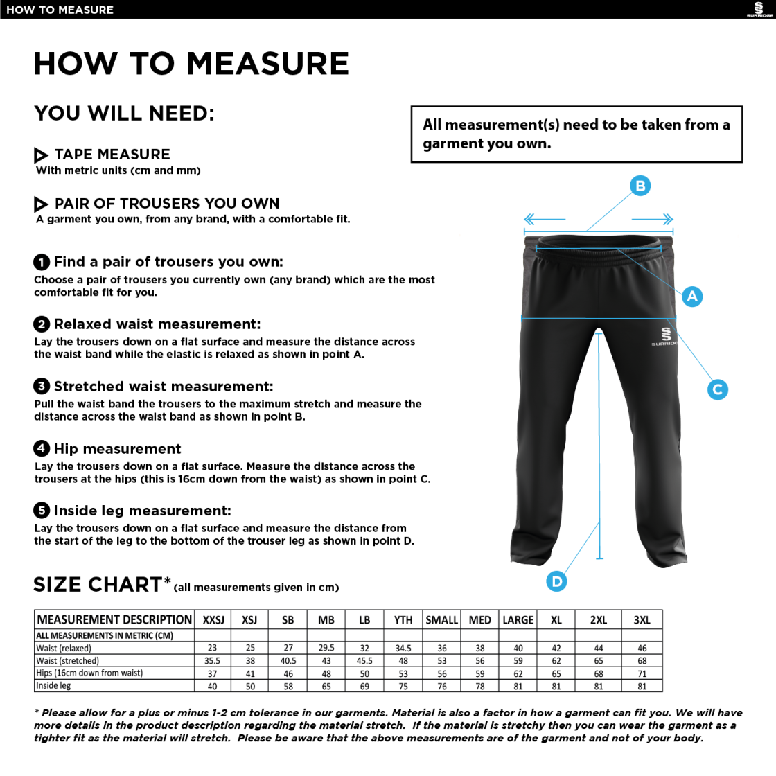 Edwinstowe CC - Poplin Track Pant - Size Guide