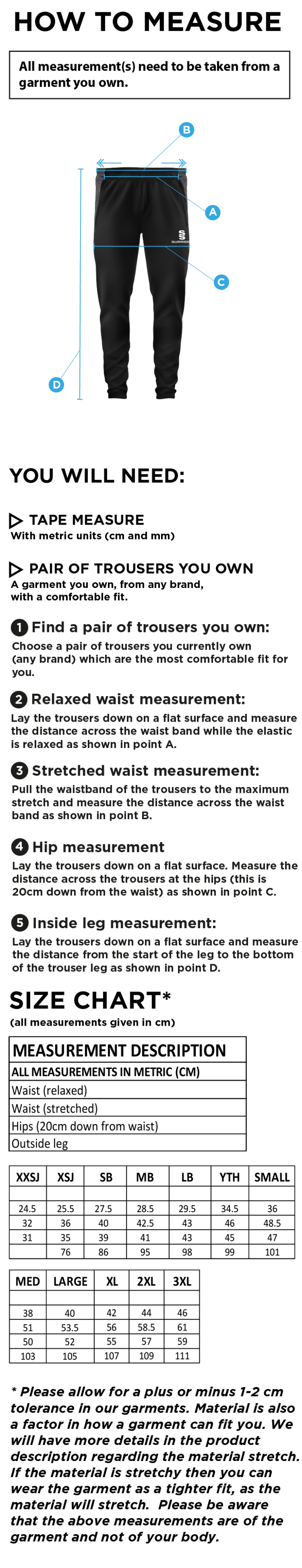 Edwinstowe CC - Slim Training Pants - Size Guide