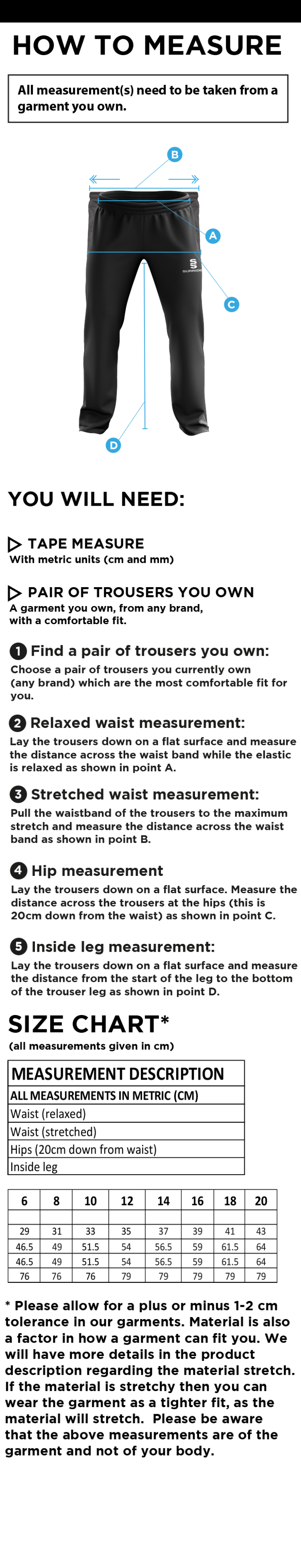 Edwinstowe CC - Women's Poplin Track Pant - Size Guide