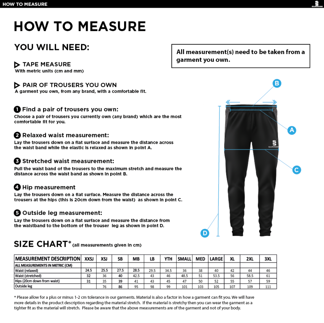 Edwinstowe CC - Slim Training Pants - Size Guide