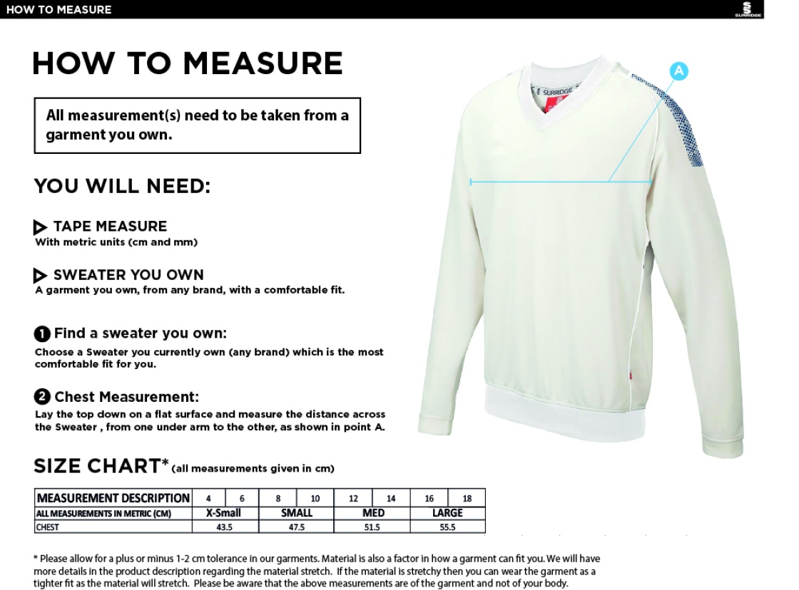 Edwinstowe CC Blast Long Sleeve Cricket Sweater - Size Guide