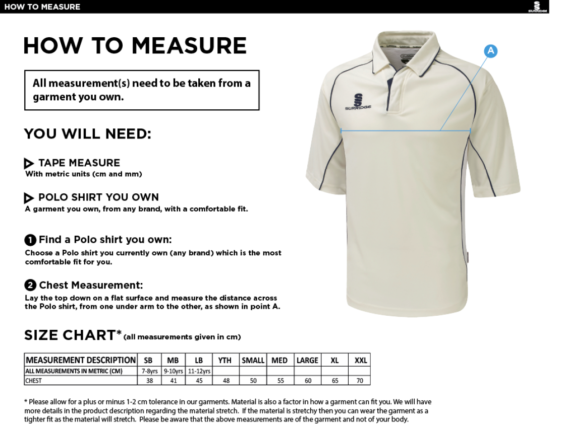 Edwinstowe CC - Premier 3/4 Sleeve Playing Shirt - Size Guide