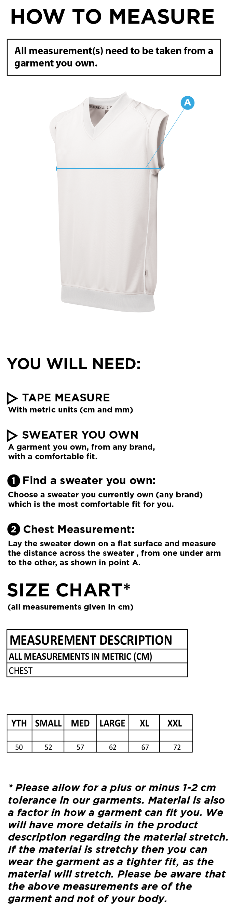 Edwinstowe CC - Curve Sleeveless Sweater - Size Guide