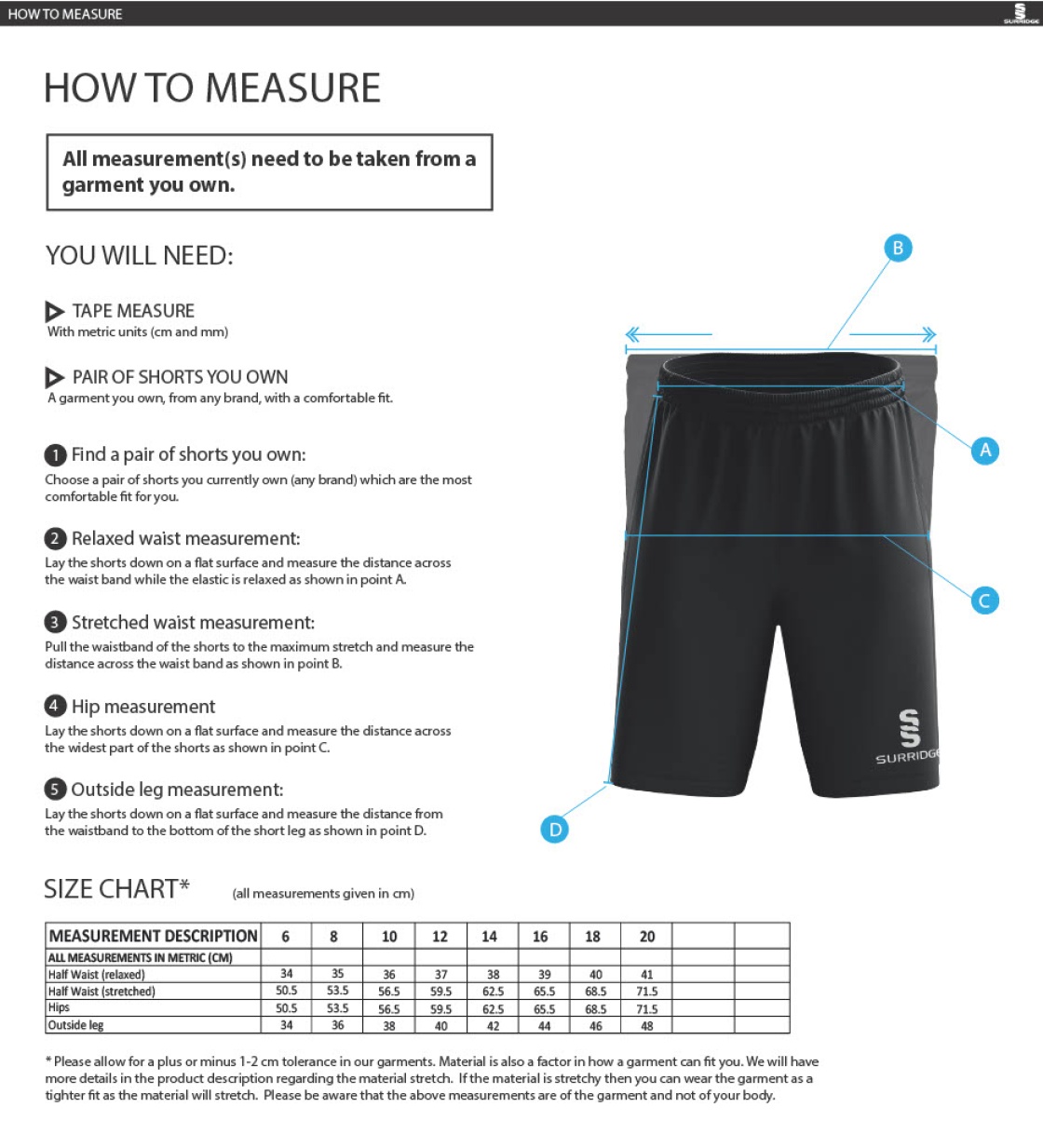 Edwinstowe CC - Ripstop Leisure Shorts - Women's Fit - Size Guide