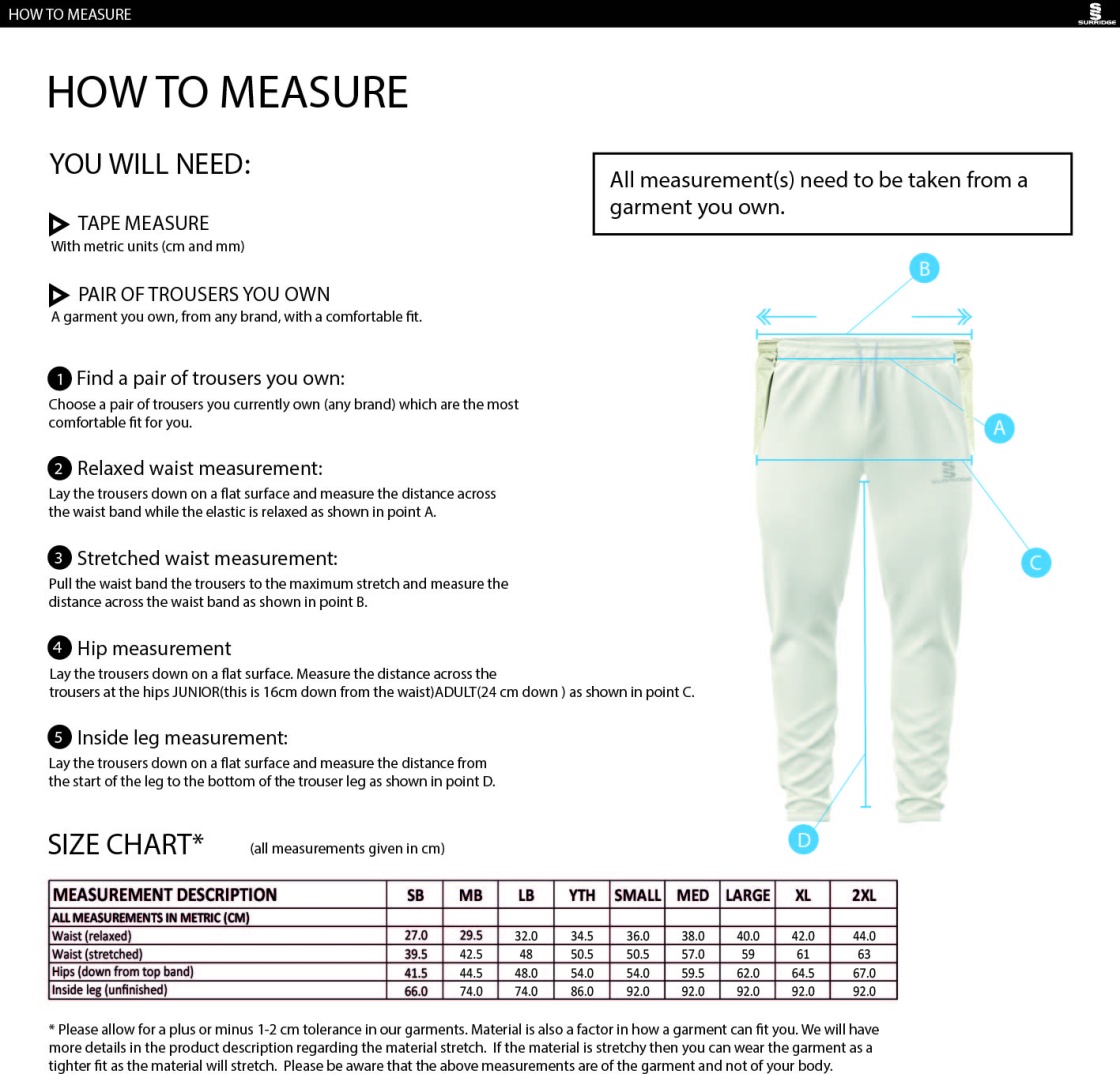 Edwinstowe CC - Coloured Cricket Trousers - Unisex Fit - Size Guide