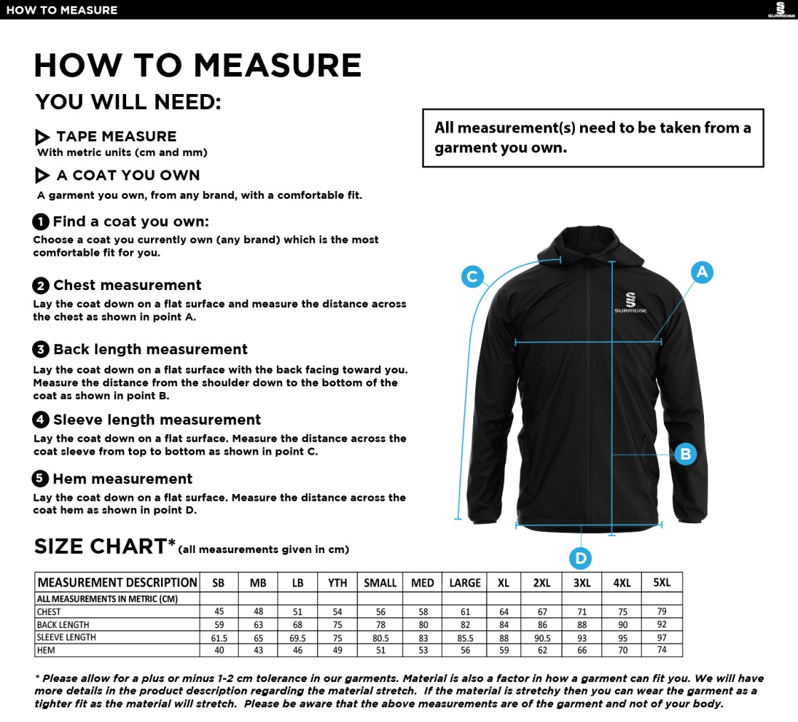 Edwinstowe CC - Lightweight Full Zip Training Jacket - Size Guide