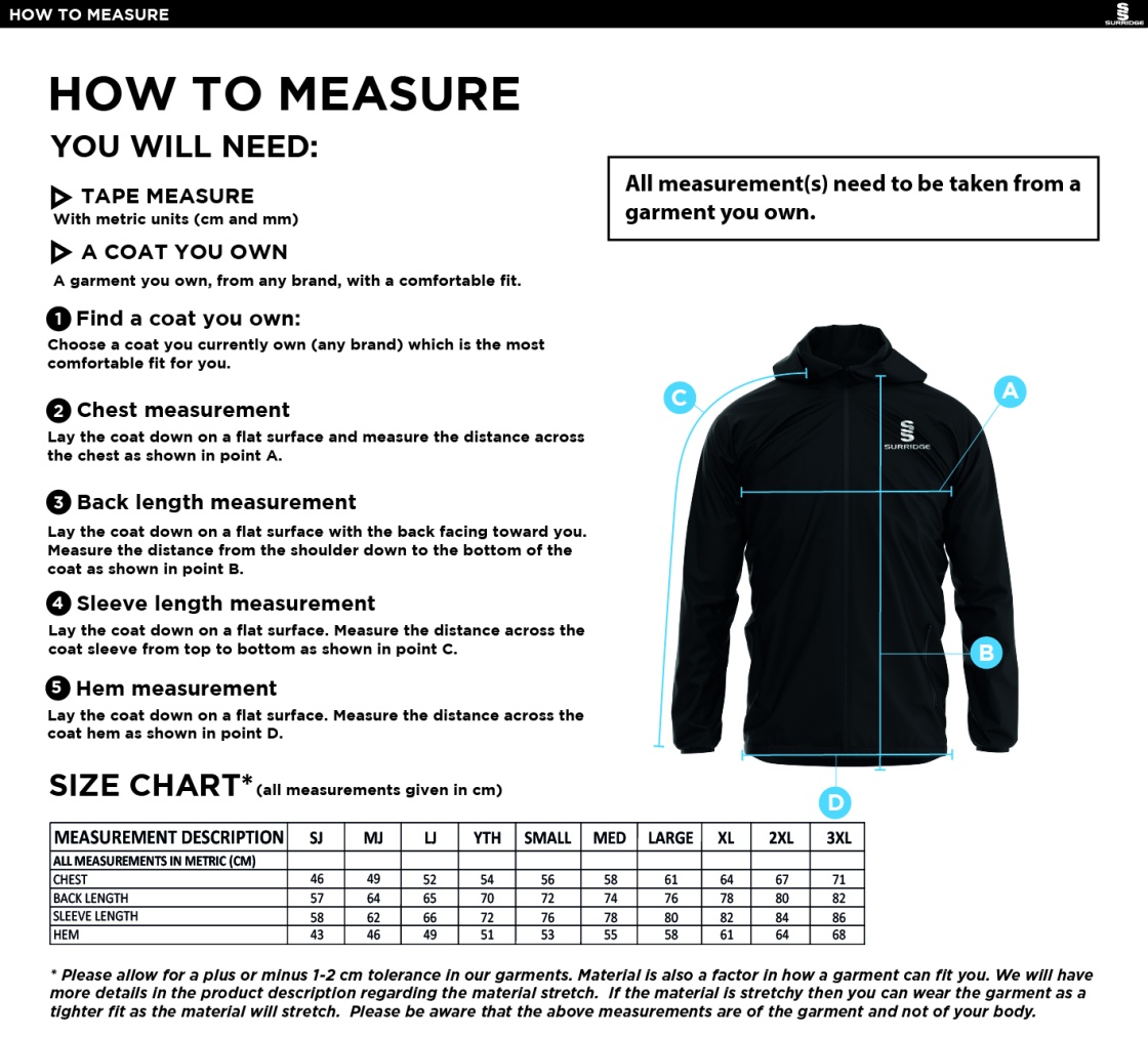 Edwinstowe CC - Dual Elite 1/4 Zip Hoody / Rain Jacket - Unisex Fit - Size Guide