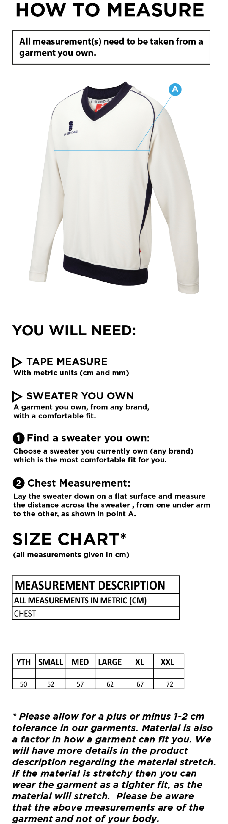 Edwinstowe CC - Curve Long Sleeve Sweater - Size Guide
