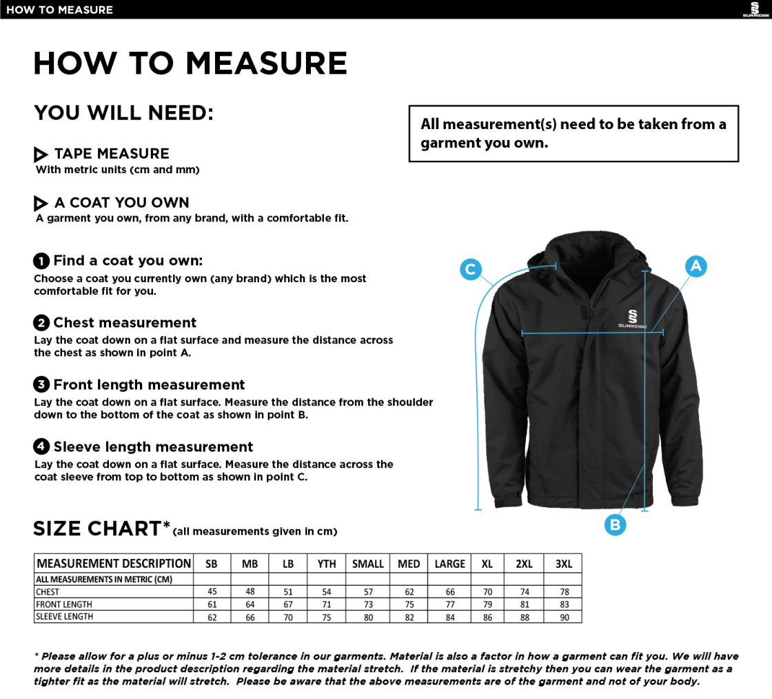 Edwinstowe CC - Fleeced Line Jacket - Unisex Fit - Size Guide