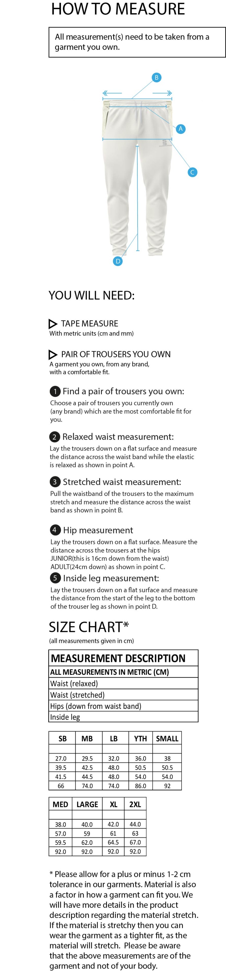 Edwinstowe CC - Tapered Fit Cricket Trousers - Size Guide