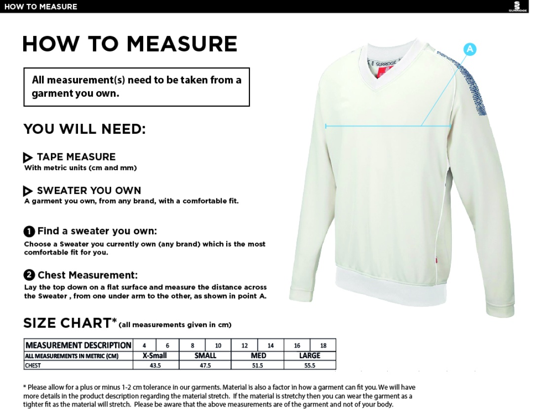 Edwinstowe CC Blast Long Sleeve Cricket Sweater - Size Guide