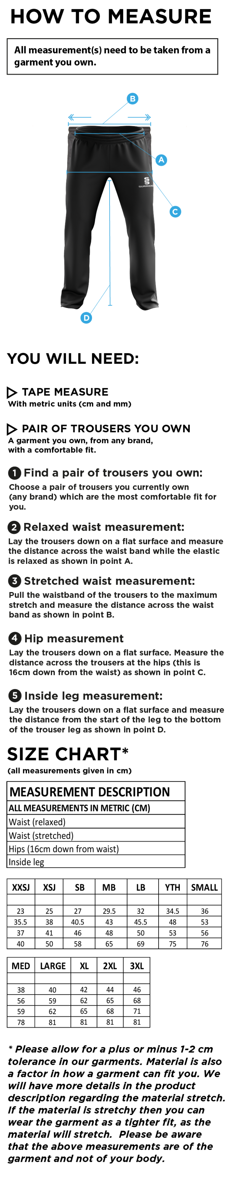 Edwinstowe CC - Poplin Track Pant - Size Guide