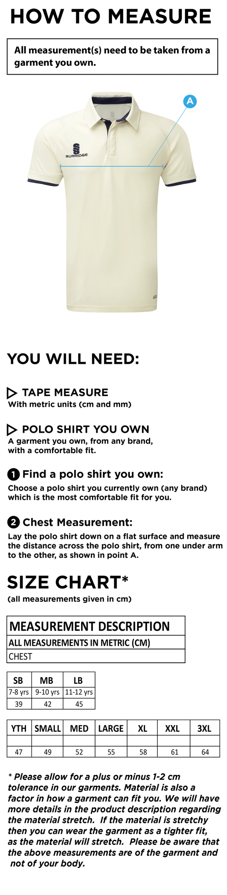 Edwinstowe CC - Ergo Short Sleeve Playing Shirt - Size Guide