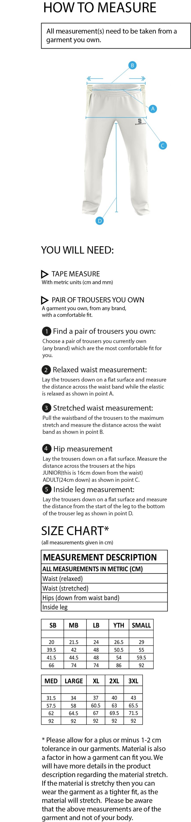 Edwinstowe CC - Standard Fit Cricket Trousers - Size Guide