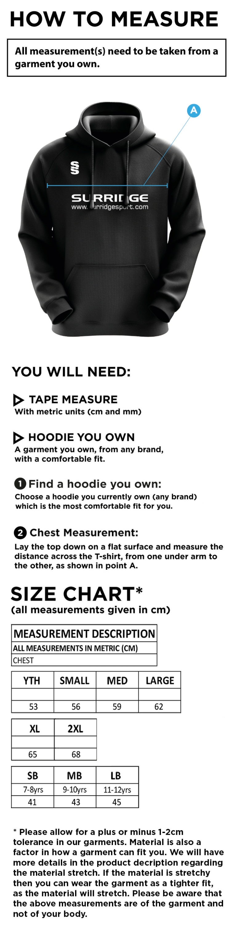 Edwinstowe CC - Blade Hoody - Size Guide
