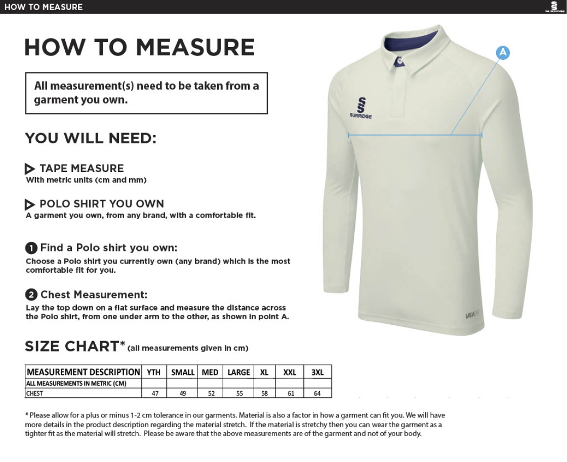 Edwinstowe CC - Ergo Long Sleeve Playing Shirt - Size Guide
