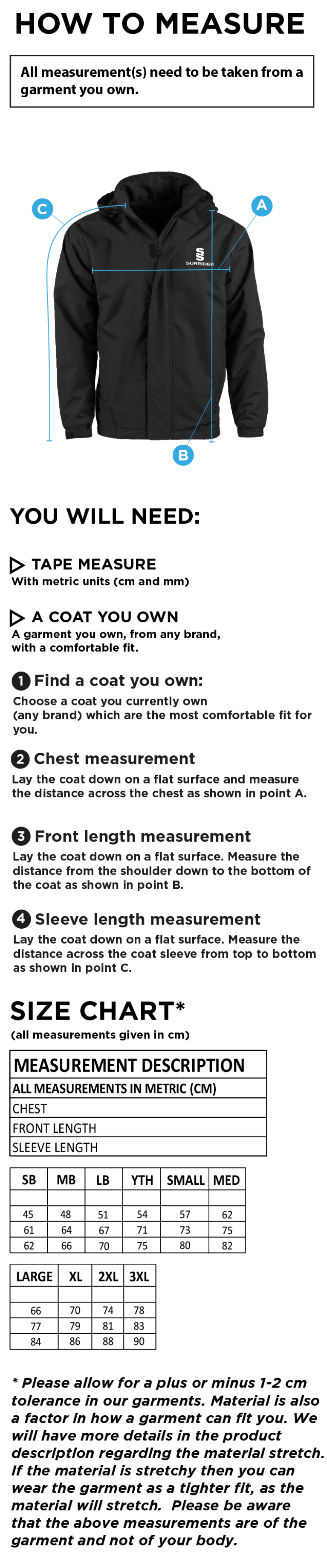 Edwinstowe CC - Fleeced Line Jacket - Unisex Fit - Size Guide