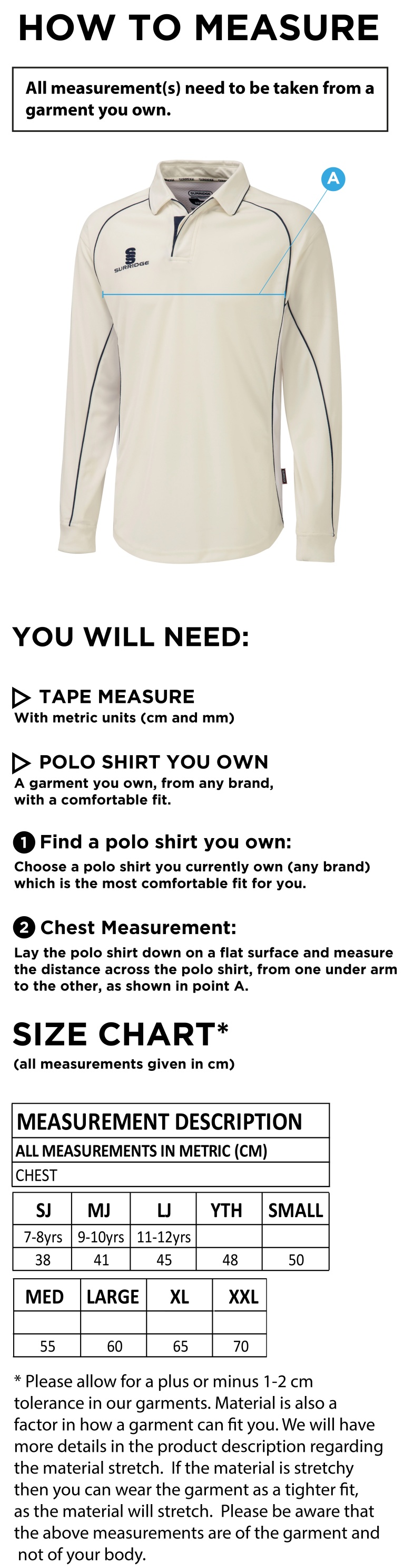 Edwinstowe CC - Premier Long Sleeve Playing Shirt - Size Guide